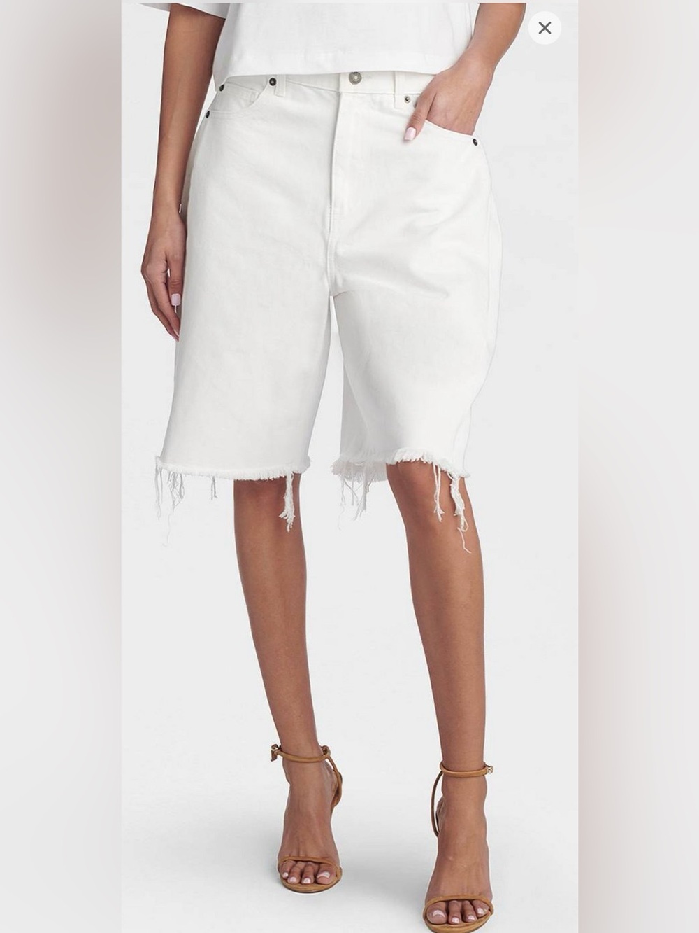 High-Rise White Denim Bermuda Shorts with Frayed Hem